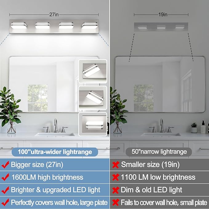360° Rotate LED Dimmable Bathroom Vanity Light Fixtures, 1600LM Acrylic Brushed Nickel Vanity Lights for Bathroom, Modern Wall Lighting Fixtures Over Mirror Kitchen Hallway (Natural White Light 5000K)