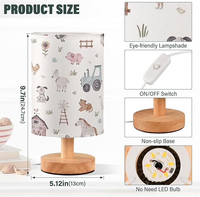 Farm Animal House Car Windmill Cow Sheep Pig Horse Dog Cat Goose Hen Table Lamp with Wood Base Fabric Lamp Shade Bedside Nightstand Desk Lamp for Living Room Bedroom Kids Room Office