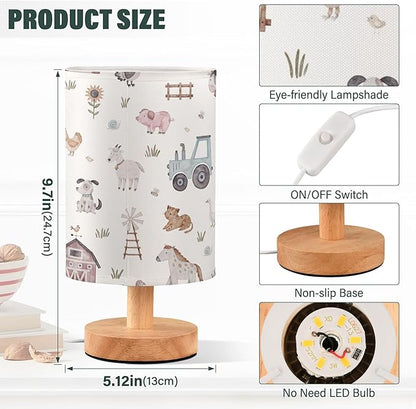 Farm Animal House Car Windmill Cow Sheep Pig Horse Dog Cat Goose Hen Table Lamp with Wood Base Fabric Lamp Shade Bedside Nightstand Desk Lamp for Living Room Bedroom Kids Room Office