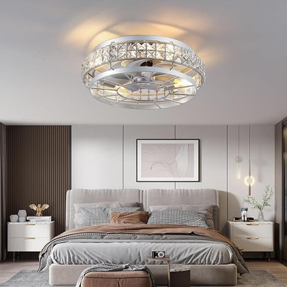 SHIHOT 18" Low Profile Crystal Ceiling Fans with Lights and Remote, Modern Flush Mount Fan, Reversible, 3-Speed, Quiet, Caged Ceiling Fan for Bedroom(Bulbs not included)