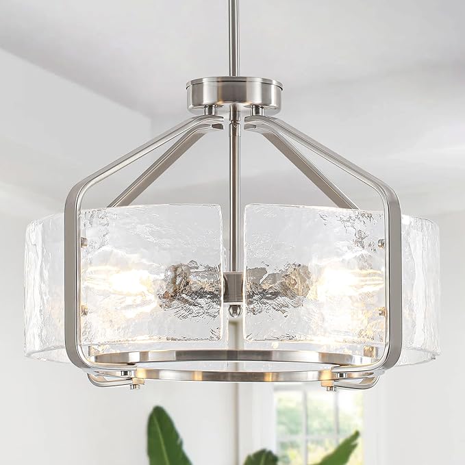 Luupyia 17.7 Inches Glass Drum Chandelier, 4Lights Modern Glass Chandeliers, Height Adjustable Nickel Drum Crystal Chandeliers Pendant Light Dining Room Kitchen Entryway Chandelier for Foyer