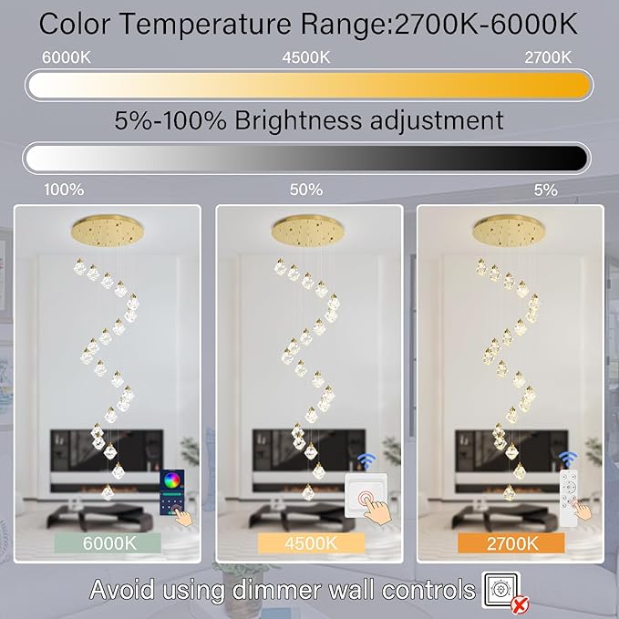 20-Light Modern Chandelier for Foyer Crystal Chandeliers for Living Room Gold Pendant Light Fixture Staircase Chandelier for High Ceilings Dimmable LED Hanging Light with Remote