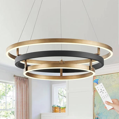 Benkut Modern LED Chandelier Black Gold Dimmable 3 Ring Pendant Light for Dining Room, Kitchen Chandelier Circular with Remote Control Flush Mount High Ceiling Light for Living Room, 3000K-6500K