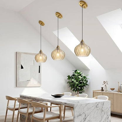 Amber Glass Gold Pendant Light, Farmhouse Kitchen Island Pendant Light Fixture Water Drop Shade, Adjustable Vintage Hanging Ceiling Light for Dining Room Corridor 1 Pack, UL Certification