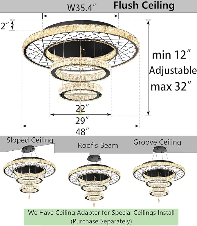 HAIXIANG 48 inch Large Size Glam Chandelier Crystal Ceiling Light for Living Room Chandeliers Lighting Fixtures with Remote Dimmable LED Light,Black Luxury Interior Light