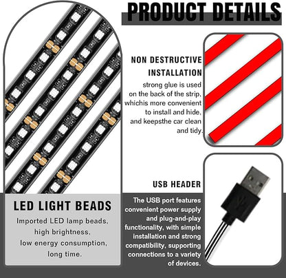 Car LED Strip Light, 24 LED RGB Auto Under Dash Interior Atmosphere Lights, 12V Ambient Night Light, Auto Interior Decorative Lamp, Universal Car Accessories (Red, USB Port)