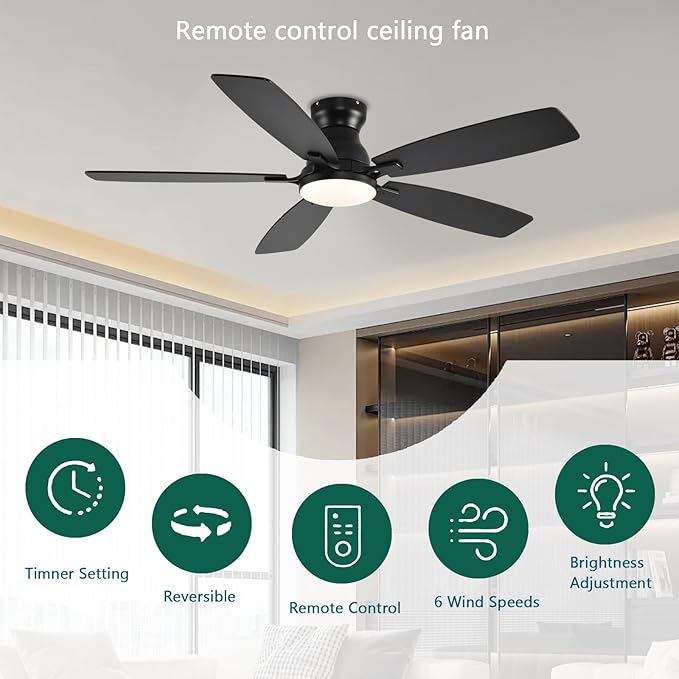 NKPU Ceiling Fans with Lights, Low Profile Ceiling Fan with Light and Remote/APP Control, DC Motor, Noiseless, Flush Mount, 52inch Black Ceiling Fan for Bedroom Indoor/Outdoor Use