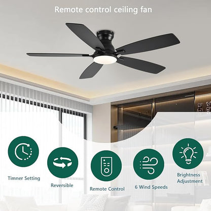 NKPU Ceiling Fans with Lights, Low Profile Ceiling Fan with Light and Remote/APP Control, DC Motor, Noiseless, Flush Mount, 52inch Black Ceiling Fan for Bedroom Indoor/Outdoor Use