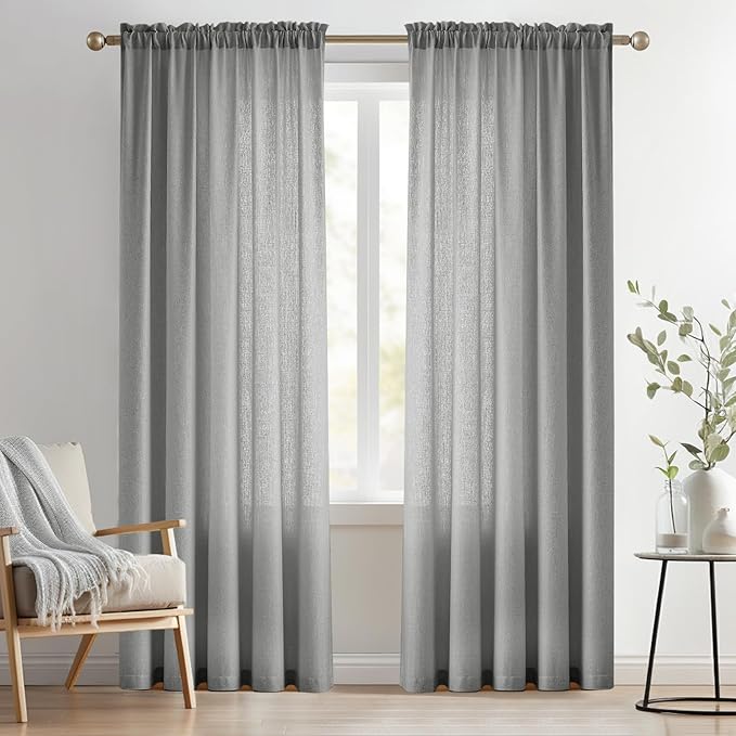Melodieux Grey Semi Sheer Curtains 96 Inches Long for Living Room, Bedroom Faux Linen Texture Farmhouse Rod Pocket Shiny Sheer Curtains Drapes Light Filtering, 52" W x 96" L, 2 Panels