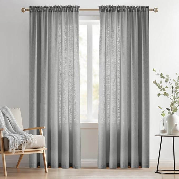 Melodieux Grey Semi Sheer Curtains 84 Inches Long for Living Room, Bedroom Linen Look Farmhouse Rod Pocket Shiny Sheer Curtain Drapes Light Filtering Home Office, 52" W x 84" L, 2 Panels