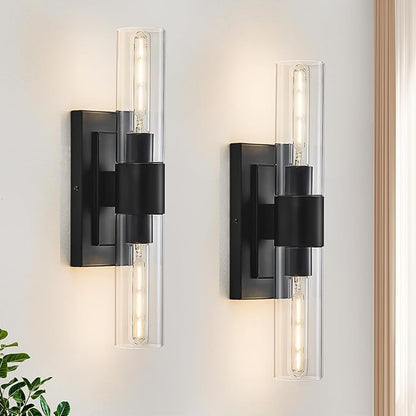 Black Wall Sconces Set of Two,Modern Bathroom Light Fixtures,2-Light Sconces Wall Lighting with Thickened Tempered Clear Glass,19 in Indoor Hardwired Wall Lights for Bedroom,Mirror, E26 Base