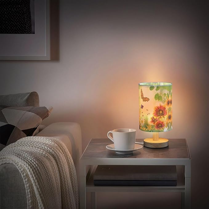 Nature Floral Chrysanthemum Iris Daisy Flower Butterfly Leaf Table Lamp with Wood Base Fabric Lamp Shade Bedside Nightstand Desk Lamp for Living Room Bedroom Kids Room Office