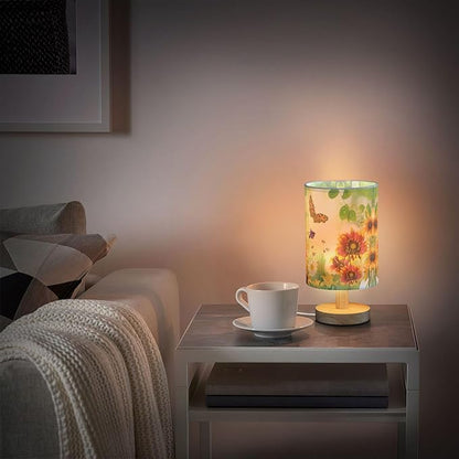 Nature Floral Chrysanthemum Iris Daisy Flower Butterfly Leaf Table Lamp with Wood Base Fabric Lamp Shade Bedside Nightstand Desk Lamp for Living Room Bedroom Kids Room Office