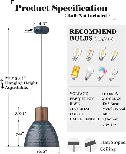 ELYONA Hammered Pendant Light for Kitchen Island, 10.2” Metal Solid Wood Bar Hanging Lamp, Adjustable Height Industrial Pendant Lighting for Dining Room, Bedroom, Bar, Office, Modern Blue