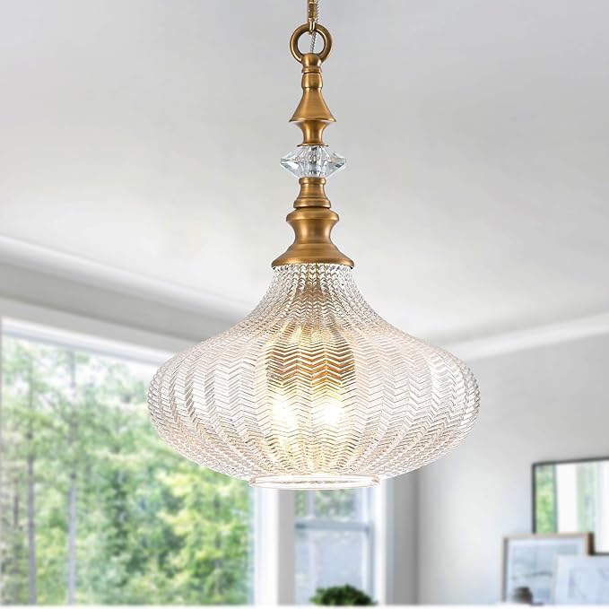 3-Light Chandelier,Vintage Gold Farmhouse Pendant Light Fixture for Kitchen,Adjustable Hanging Lighting with Clear Glass Shade for Hallway Bedroom Entryway Dining Room Island