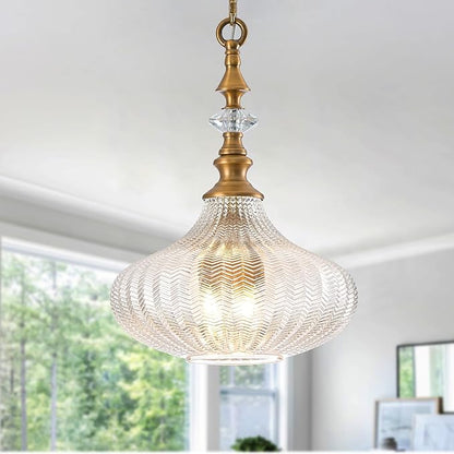 3-Light Chandelier,Vintage Gold Farmhouse Pendant Light Fixture for Kitchen,Adjustable Hanging Lighting with Clear Glass Shade for Hallway Bedroom Entryway Dining Room Island