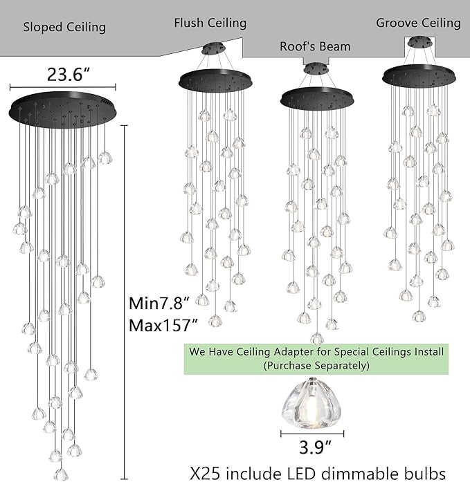 HAIXIANG 157 Inches Long Chandelier Bubble Crystal Balls Glam Chandeliers Dimmable Light High Ceiling Pendants Light Adjustable Large Size Lighting Fixtures Black