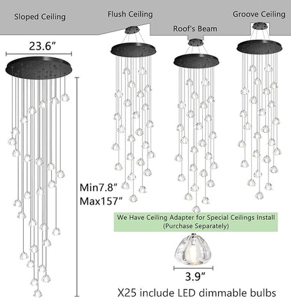 HAIXIANG 157 Inches Long Chandelier Bubble Crystal Balls Glam Chandeliers Dimmable Light High Ceiling Pendants Light Adjustable Large Size Lighting Fixtures Black