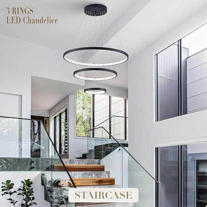 Modern LED Chandeliers 3 Rings Black Chandelier Dimmable LED Pendant Light Fixture Remote Control Contemporary Flush Mount Chandelier for Dining Room Bedroom Foyer, 3000-6500K