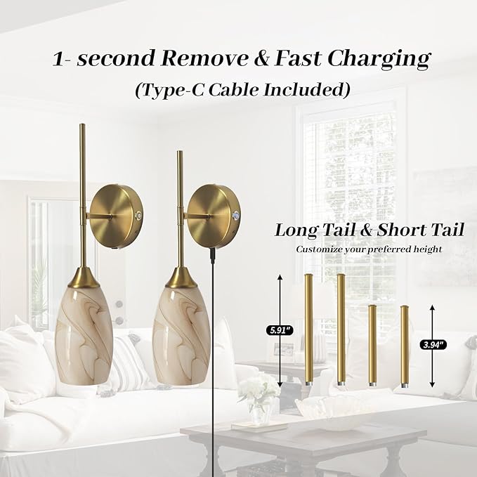 Alabaster Battery Operated Wall Sconces Set of 2, Gold Rechargeable Wireless Wall Sconces with Hand-Blown Glass, Remote Control, Magnetic Mount,Dimmable 3 colors for Bedroom Living Room Hallway
