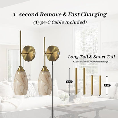 Alabaster Battery Operated Wall Sconces Set of 2, Gold Rechargeable Wireless Wall Sconces with Hand-Blown Glass, Remote Control, Magnetic Mount,Dimmable 3 colors for Bedroom Living Room Hallway