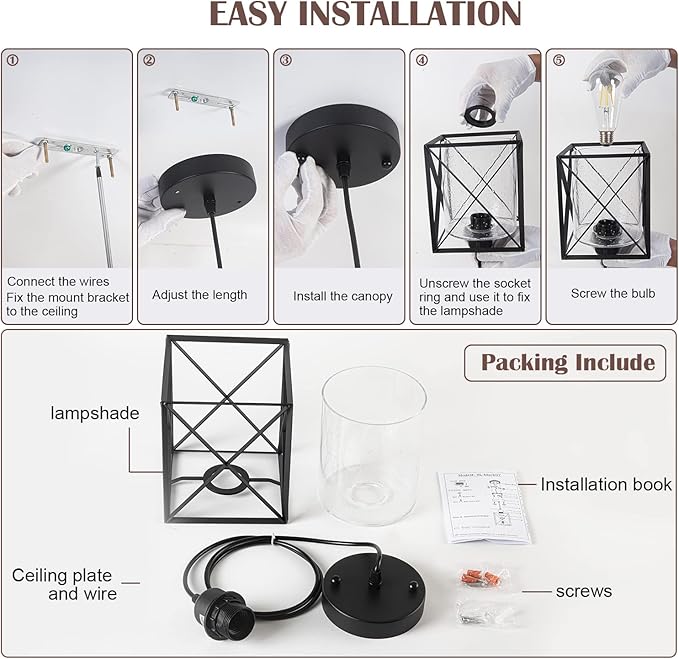 Farmhouse Black Pendant Light with Seeded Glass Industrial Cage Blown Clear Bubble Glass Hanging Lighting Adjustable Cord for Kitchen Island Over Sink Hallway