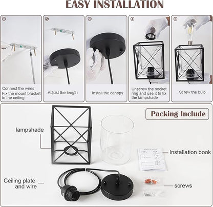 Farmhouse Black Pendant Light with Seeded Glass Industrial Cage Blown Clear Bubble Glass Hanging Lighting Adjustable Cord for Kitchen Island Over Sink Hallway