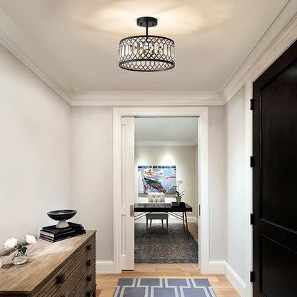 Pevfah Crystal Black Ceiling Light, Modern Semi Flush Mount Ceiling Lighting Fixture, Round Hallway Lighting Fixtures Chandelier for Kitchen Entryway Bedroom Dining Room, 3-Light, 12.2 Inch