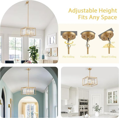 Square Crystal Small Mini Chandeliers 4-Light Gold Pendant Dining Room Light Fixture 13" Modern Farmhouse Adjustable Hanging Ceiling Lamps for Bedroom Entryway Hallway Pool Table