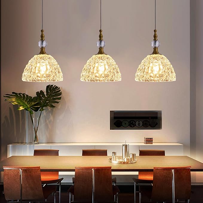 2 Pack Modern Bronze Glass Pendant Light 7.68 in Dome Light Fixture with K9 Crystal Ball Adjustable Height Vintage Brass Hanging Lights for Kitchen Island Bedroom Dining Room Living Room