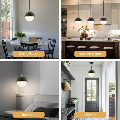 9.5 Inch Black and Gold Globe Pendant Lights Kitchen Island, Mid Century Modern Pendant Light Fixtures with Milk Glass Lampshade, Adjustable Pendant Lights for Dining Room Cafes Restaurants