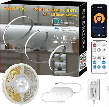 PAUTIX COB LED Strip Light Daylight White 6000K 504LEDs/m,CRI90+ 32.8ft/10m Dimmable 24V LED Tape Lights Kit,Work with Alexa/Google Assistant,for Under Cabinet Bedroom Kitchen DIY Lighting