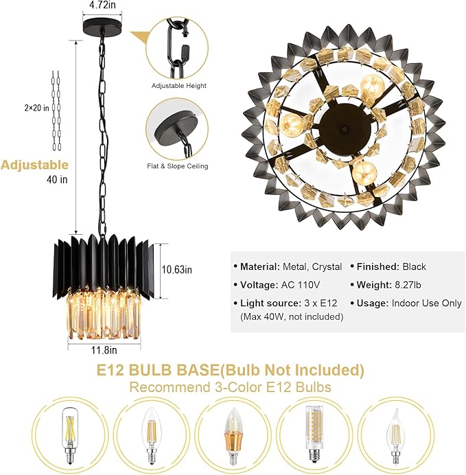 Black Crystal Chandelier 12 Inch K9 Crystal Pendant Light Fixture 3-Light Semi Flush Mount Ceiling Light for Kitchen Island Dining Room Bedroom Foyer Entryway Hallway