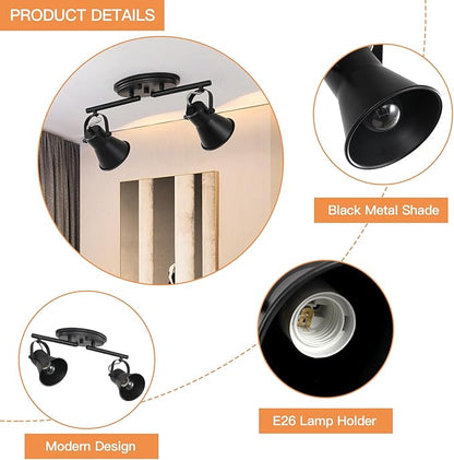 2 Light Track Lighting Ceiling, Industrial Directional Ceiling Spot Light Fixture,Black Flush Mount Ceiling Light for Kitchen, Living Room, Hallway, Bathroom, Cabinet, Etc.