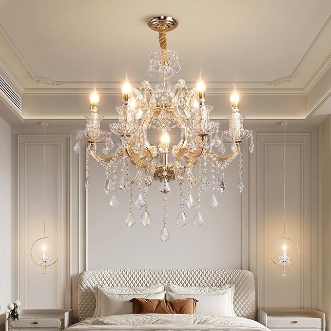 Luxurious K9 Crystal Chandelier for Living Room & Bedroom – Elegant Modern Ceiling Light, Adjustable Height, Energy-Efficient LED (7 Lights E12 Bulbs)