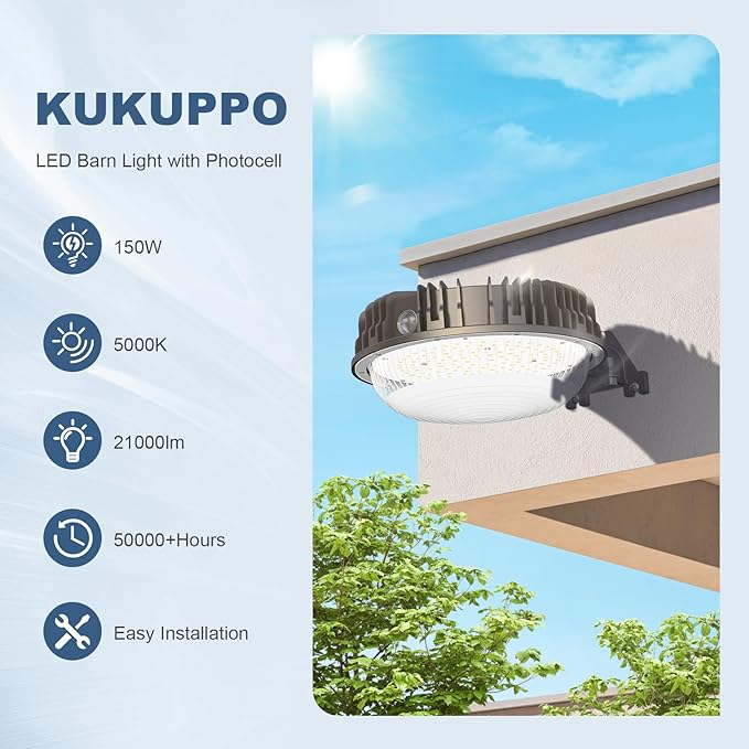 KUKUPPO 150W LED Barn Light with Photocell, 21000LM LED Yard Light Outdoor, IP65 Waterproof, 5000K Daylight LED Pole Light Area Security Flood Light Fixture for Yard, Barn, Farm, Street
