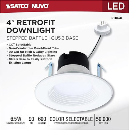 Satco S11838 6.5W LED Downlight Retrofit, 4 in. Stepped Baffle, CCT 2700K-5000K Warm White to Natural Light, 600 Lumens, Matte White, 12V, 50W Inc. Eq. Wet Location, cETLus Classified, RoHS