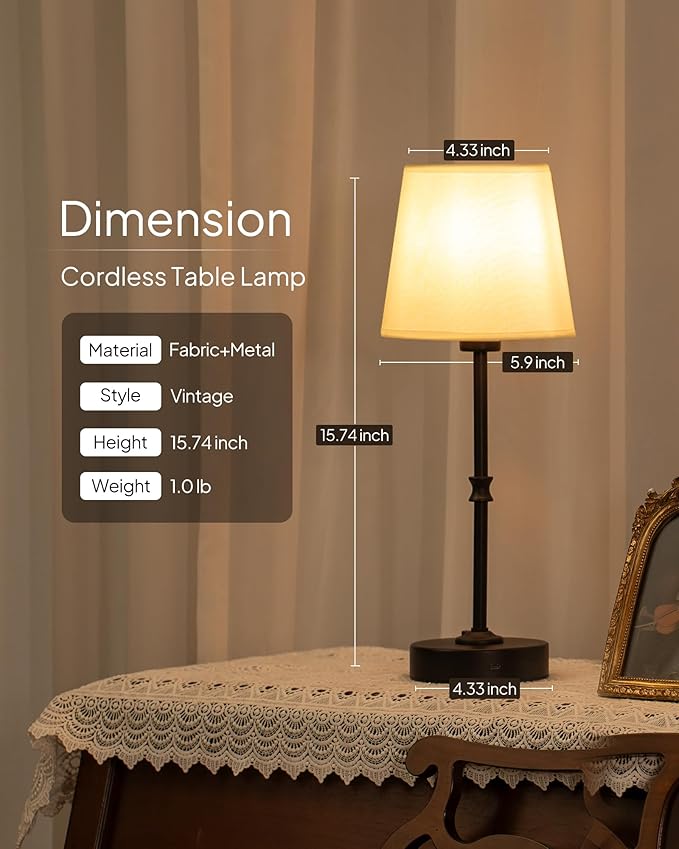 EppieBasic Cordless Table Lamp Rechargeable: Fast Charging & Long Lasting - 2700K Warm Light Small Vintage Brass Bedside Lamps - Dinning Living Room Bedroom - 2 Pack