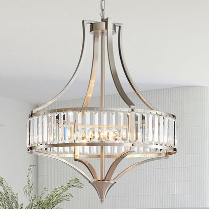 Brushed Nickel Chandeliers for Dining Room, 22 Inch Crystal Light Fixture 6-Light Modern Round Large Chandeliers for Kitchen Hallway Bedroom Foyer Hall Adjustable Height Hanging Light