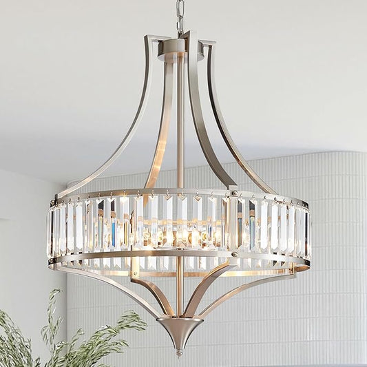 Brushed Nickel Chandeliers for Dining Room, 22 Inch Crystal Light Fixture 6-Light Modern Round Large Chandeliers for Kitchen Hallway Bedroom Foyer Hall Adjustable Height Hanging Light