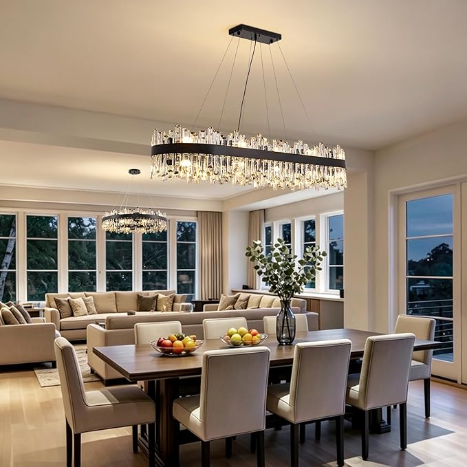 Large Rectangular Crystal Chandelier for Dining Room, 20-Light Modern 2-Tiers Oval Flush Mount Pendant Ceiling Light Fixture for Living Room Kitchen Island Bar 52 Inches