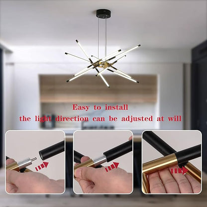 Modern Chandelier,Black and Gold Chandelier 12 Light LED Dimmable Pendant Lights,Easy to Install Ceiling Light 54W Linear Hanging for Dining Room, Kitchen,Bedroom 3000k-6000k with Remote Control