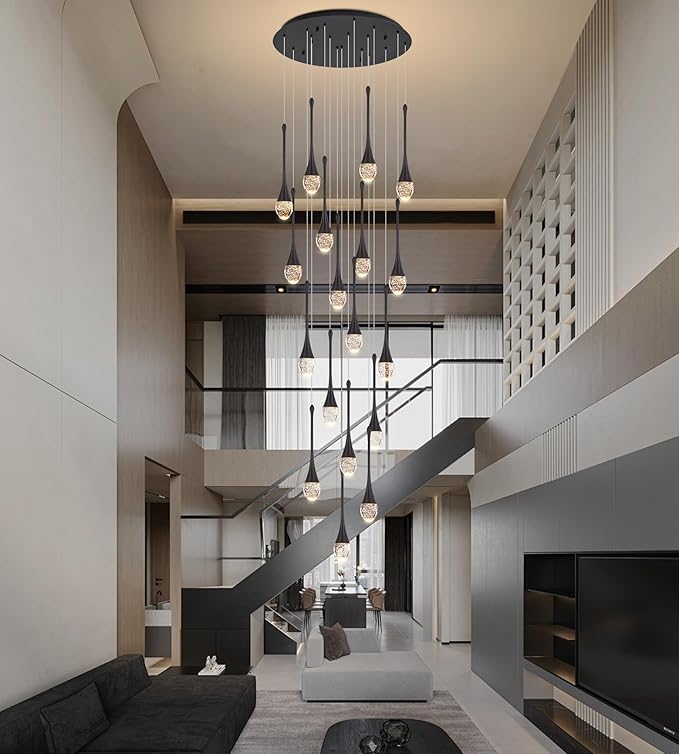 Modern Crystal Staircase Chandelier Polished Black 18-Lights, H118'' Large High Ceiling Spiral Dimmable LED Raindrop Foyer Entryway Light Fixture Remote Control
