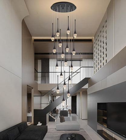 Modern Crystal Staircase Chandelier Polished Black 18-Lights, H118'' Large High Ceiling Spiral Dimmable LED Raindrop Foyer Entryway Light Fixture Remote Control