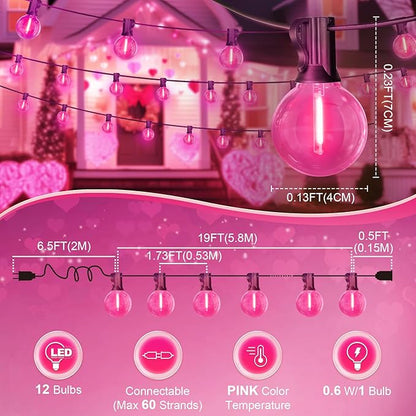 LAMPHOME Pink LED Outdoor String Lights, 26FT Patio Lights with 12+1 Shatterproof Edison Bulbs, UL Waterproof Connectable Dimmable Hanging Lights for Backyard Porch Garden Deck Balcony Decor