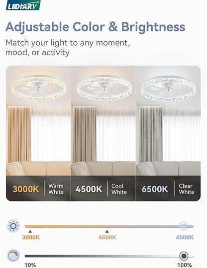 LEDIARY 20" Modern Ceiling Fans with Lights and Remote, Dimmable Low Profile Ceiling Fan, Flush Mount Ceiling Fan, Stepless Color Temperature Change and 6 Speeds - White