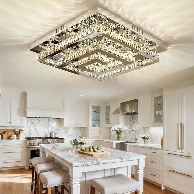 34" Large Crystal Chandelier with Remote/APP Control, 3 Color Temperature Light Fixture & Brightness Adjustable, Modern Flush Mount LED Ceiling Light Fixture for LivingRoom Kitchen Hallway Dining Room