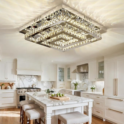 34" Large Crystal Chandelier with Remote/APP Control, 3 Color Temperature Light Fixture & Brightness Adjustable, Modern Flush Mount LED Ceiling Light Fixture for LivingRoom Kitchen Hallway Dining Room