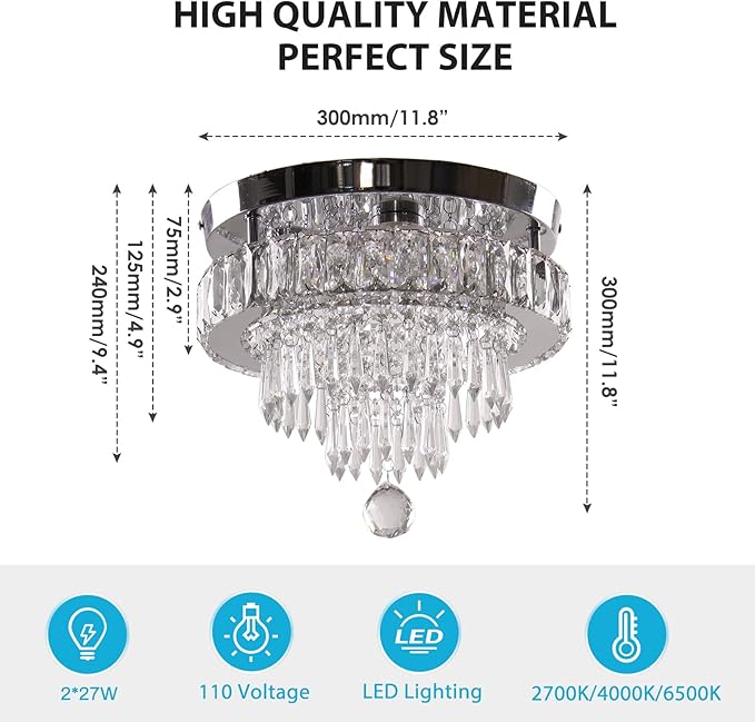 11.8" Dimmable Crystal Chandelier Crystal Ceiling Light Modern Chandeliers Flush Mount Ceiling Light Lamp Fixture for Dining Room Living Room Bedroom Hallway Remote Control