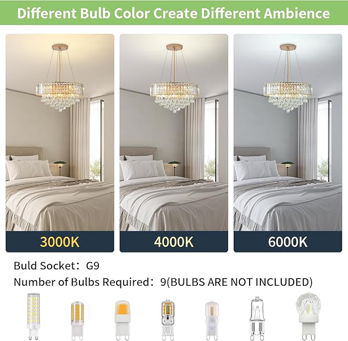 HOPGGIE 17 Inch Crystal Chandeliers Flush Mount Chandelier G9 Base Round Modern Ceiling Light Fixture Pendant Lighting for Living Room Dining Room Laundry Room Kitchen Bedroom (Gold)
